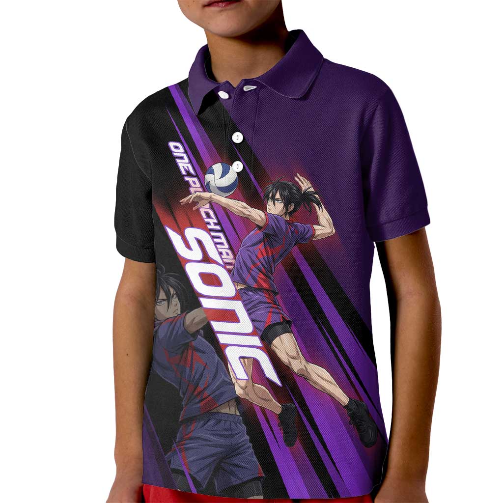 Personalized Sonic Volleyball Design Kid Polo Shirt with Purple and Black Athletic Theme and Agile Jump Pose