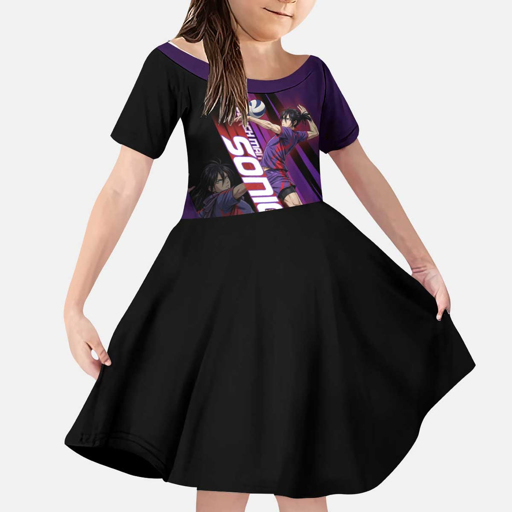 Personalized Sonic Volleyball Design Kid Short Sleeve Dress with Purple and Black Athletic Theme and Agile Jump Pose