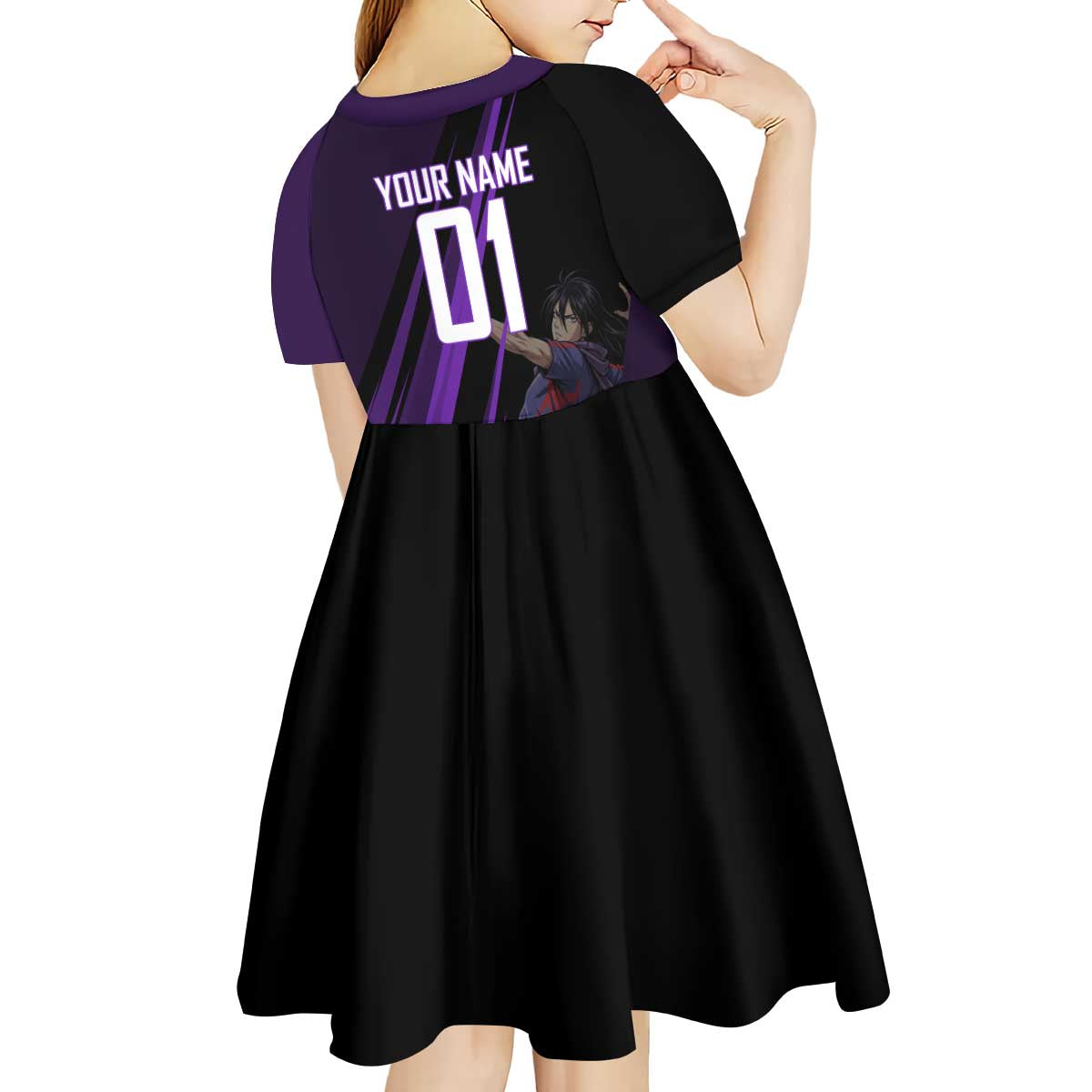 Personalized Sonic Volleyball Design Kid Short Sleeve Dress with Purple and Black Athletic Theme and Agile Jump Pose