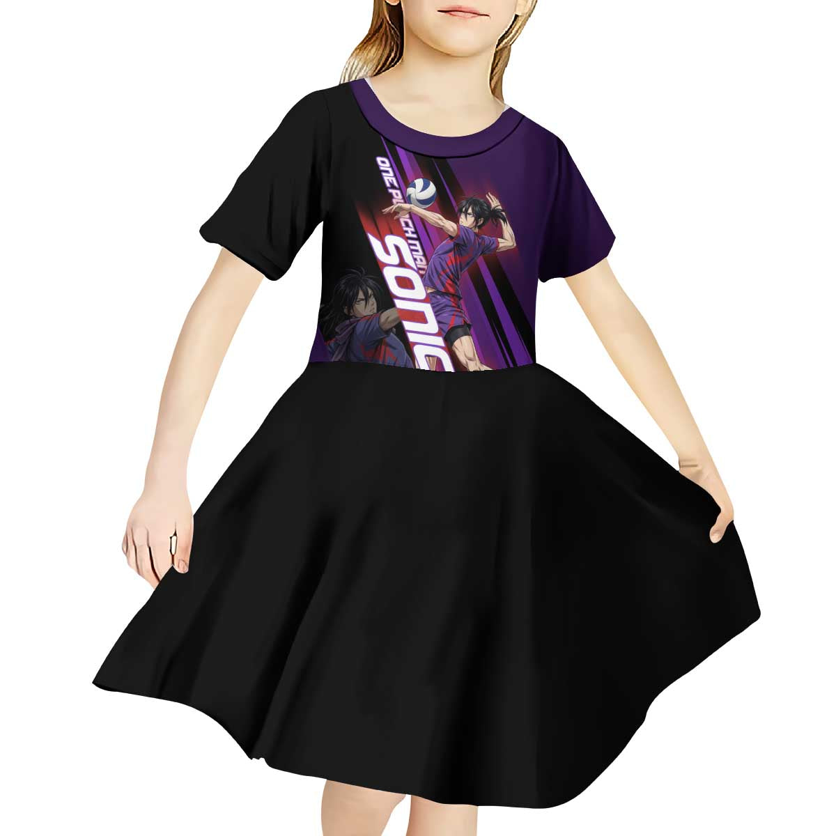 Personalized Sonic Volleyball Design Kid Short Sleeve Dress with Purple and Black Athletic Theme and Agile Jump Pose