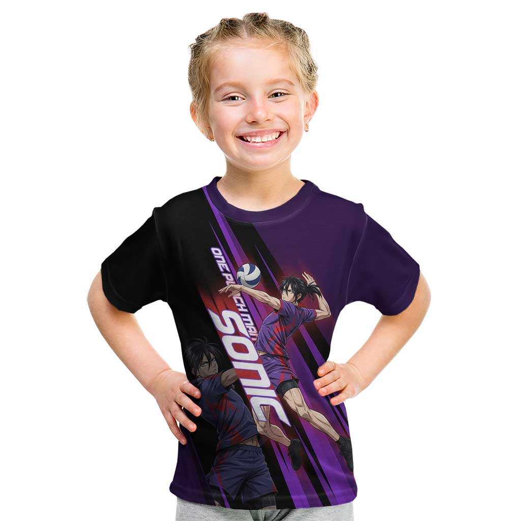Personalized Sonic Volleyball Design Kid T Shirt with Purple and Black Athletic Theme and Agile Jump Pose