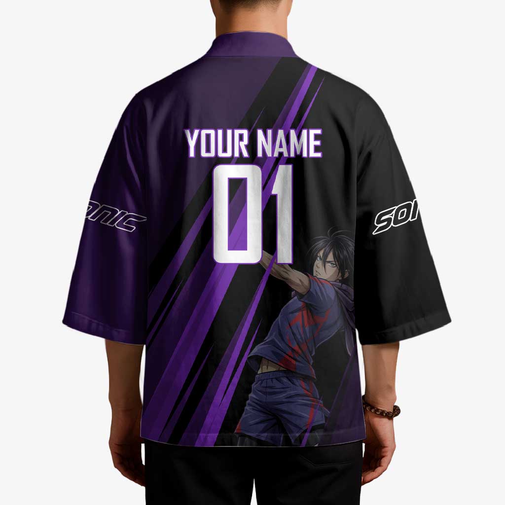 Personalized Sonic Volleyball Design Kimono with Purple and Black Athletic Theme and Agile Jump Pose