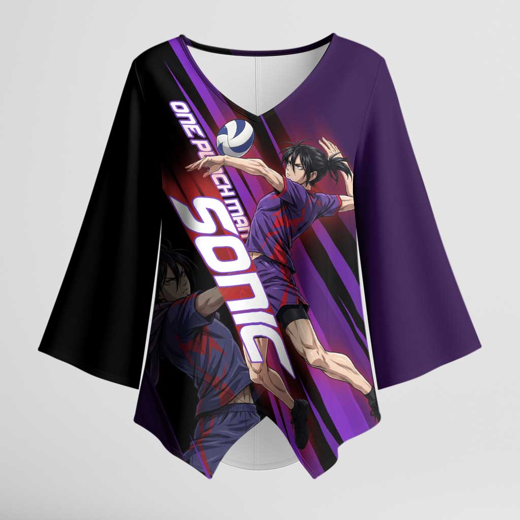 Personalized Sonic Volleyball Design Kimono Sleeve Blouse with Purple and Black Athletic Theme and Agile Jump Pose