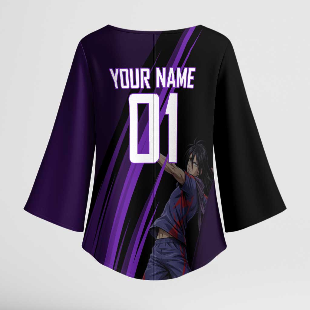 Personalized Sonic Volleyball Design Kimono Sleeve Blouse with Purple and Black Athletic Theme and Agile Jump Pose