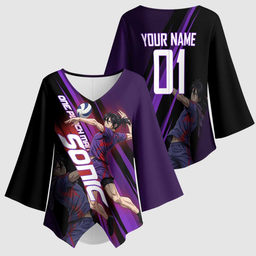 Personalized Sonic Volleyball Design Kimono Sleeve Blouse with Purple and Black Athletic Theme and Agile Jump Pose