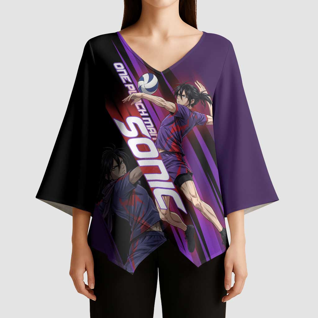 Personalized Sonic Volleyball Design Kimono Sleeve Blouse with Purple and Black Athletic Theme and Agile Jump Pose