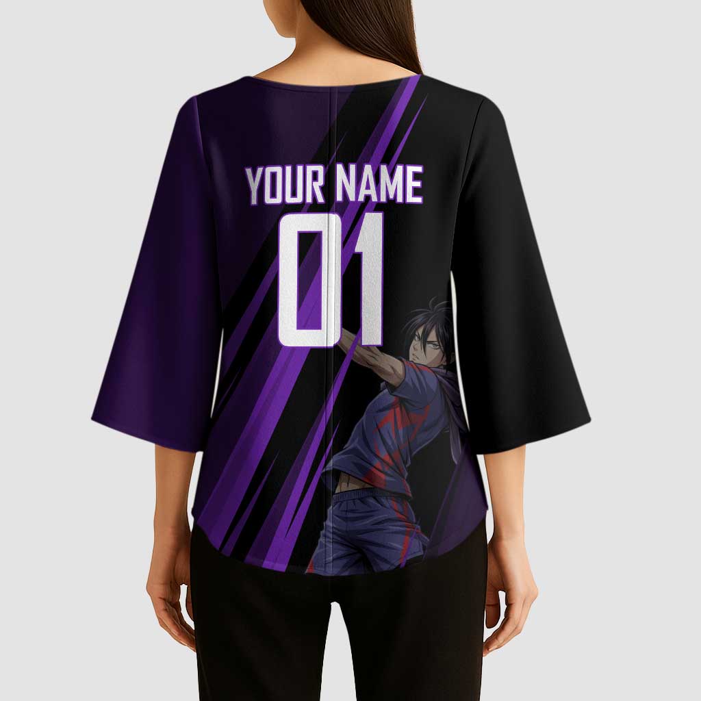 Personalized Sonic Volleyball Design Kimono Sleeve Blouse with Purple and Black Athletic Theme and Agile Jump Pose