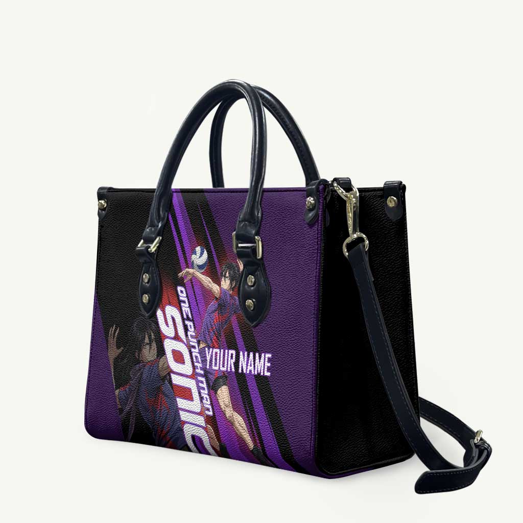 Personalized Sonic Volleyball Design Leather Bag with Purple and Black Athletic Theme and Agile Jump Pose