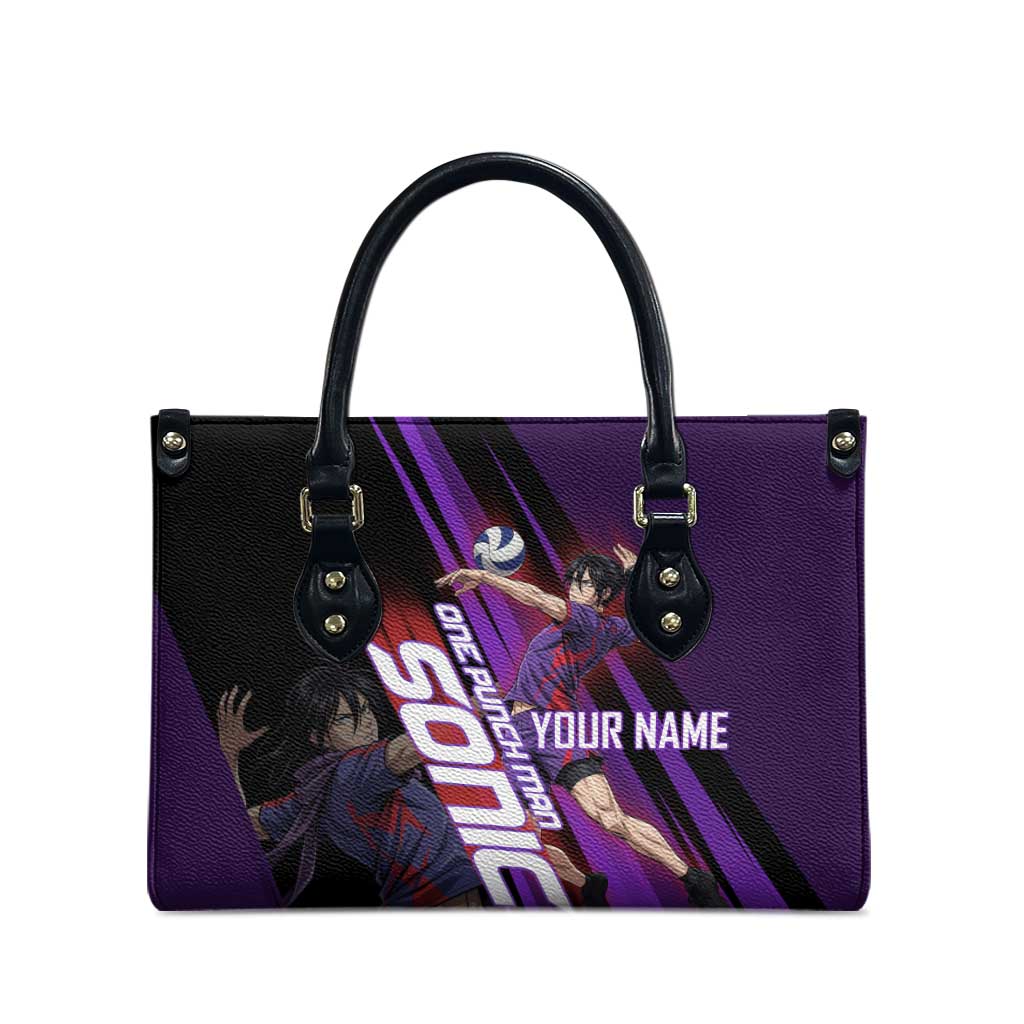Personalized Sonic Volleyball Design Leather Bag with Purple and Black Athletic Theme and Agile Jump Pose