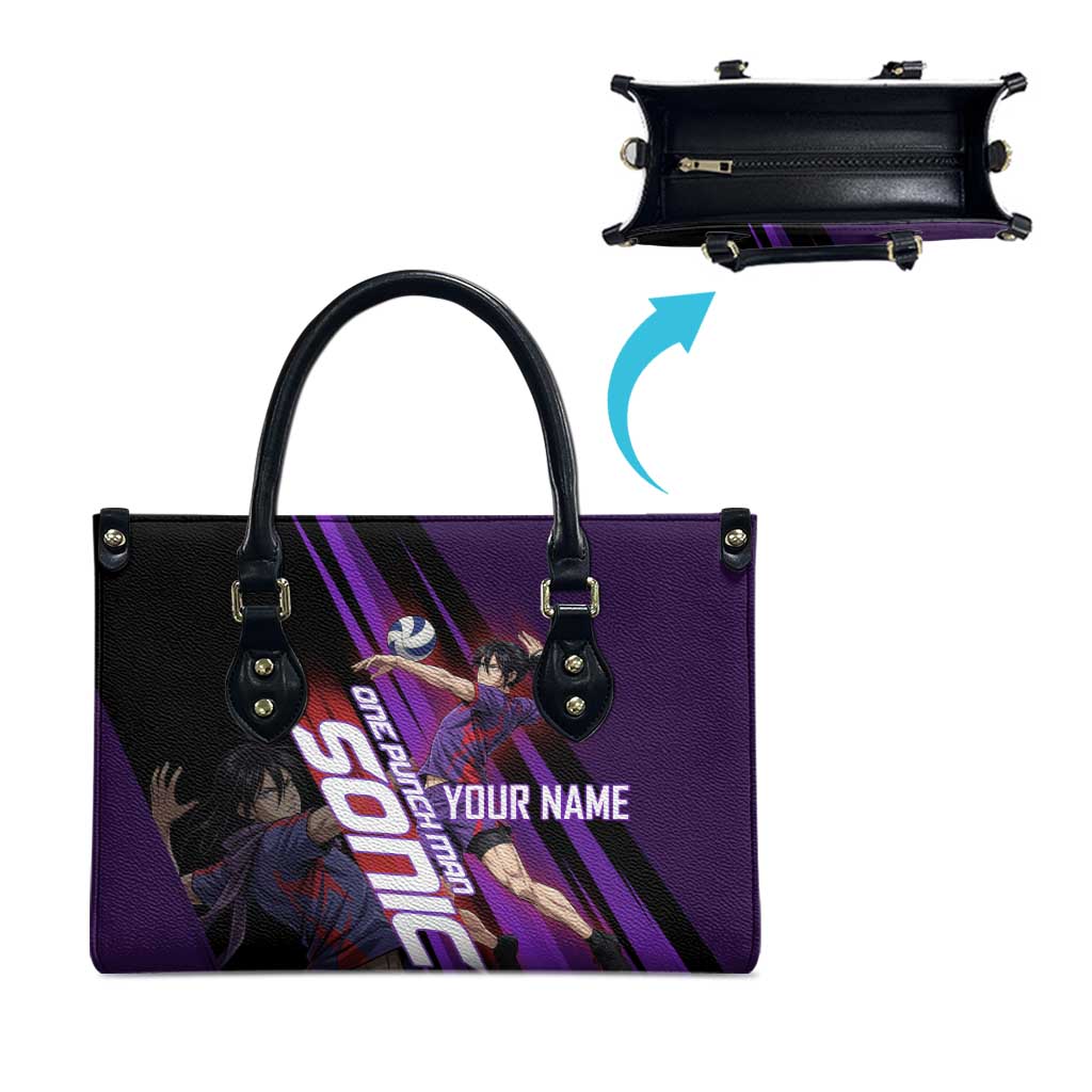 Personalized Sonic Volleyball Design Leather Bag with Purple and Black Athletic Theme and Agile Jump Pose
