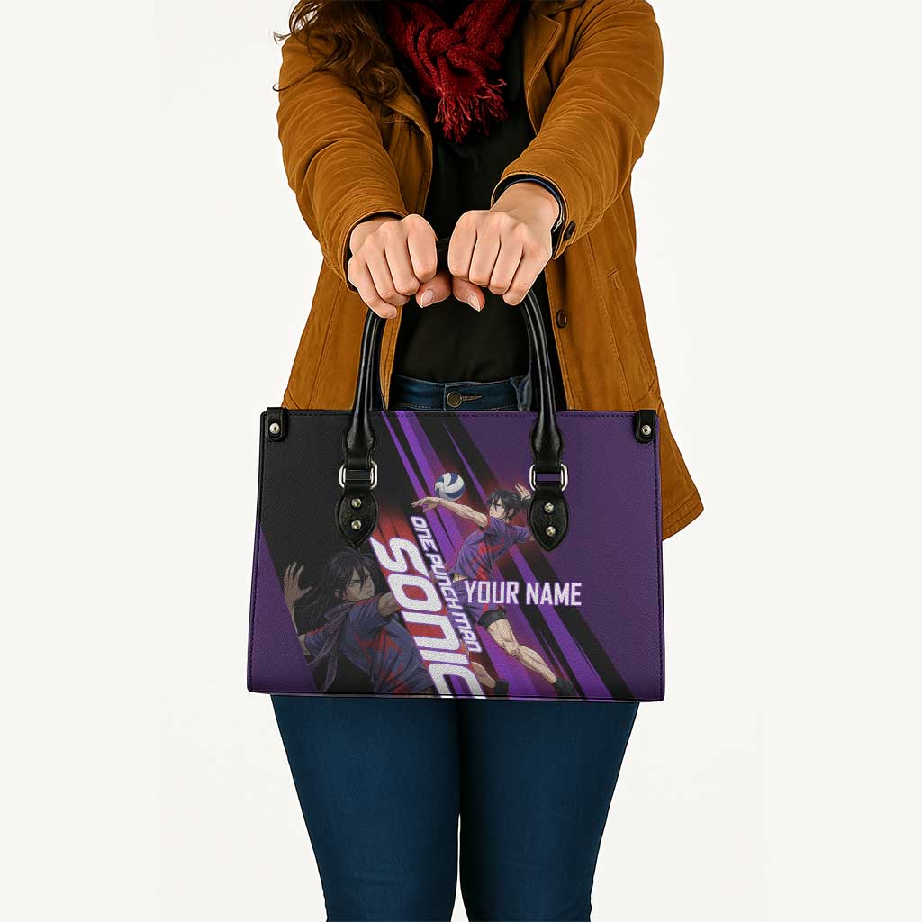 Personalized Sonic Volleyball Design Leather Bag with Purple and Black Athletic Theme and Agile Jump Pose