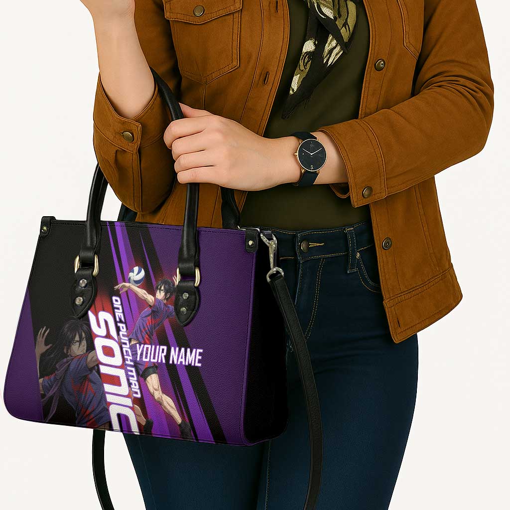 Personalized Sonic Volleyball Design Leather Bag with Purple and Black Athletic Theme and Agile Jump Pose