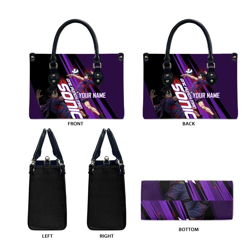 Personalized Sonic Volleyball Design Leather Bag with Purple and Black Athletic Theme and Agile Jump Pose