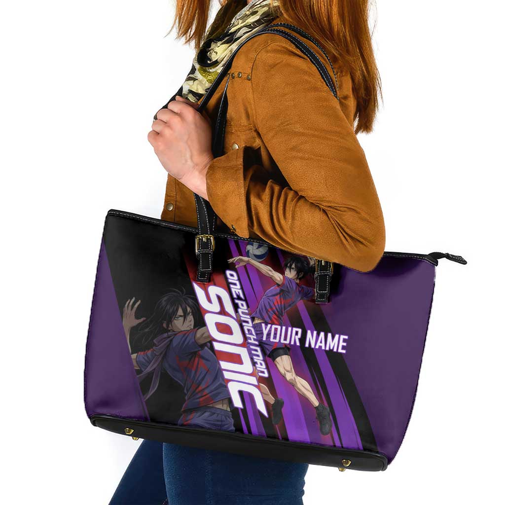 Personalized Sonic Volleyball Design Leather Tote Bag with Purple and Black Athletic Theme and Agile Jump Pose