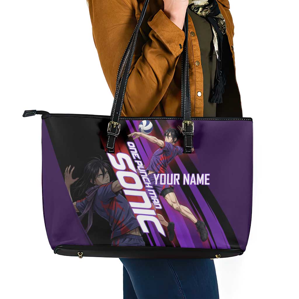 Personalized Sonic Volleyball Design Leather Tote Bag with Purple and Black Athletic Theme and Agile Jump Pose
