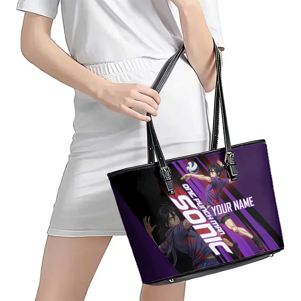 Personalized Sonic Volleyball Design Leather Tote Bag with Purple and Black Athletic Theme and Agile Jump Pose