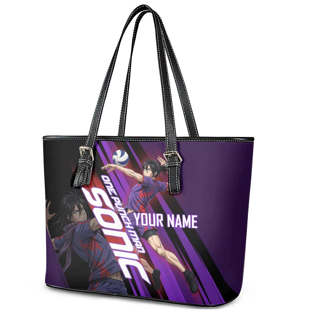 Personalized Sonic Volleyball Design Leather Tote Bag with Purple and Black Athletic Theme and Agile Jump Pose
