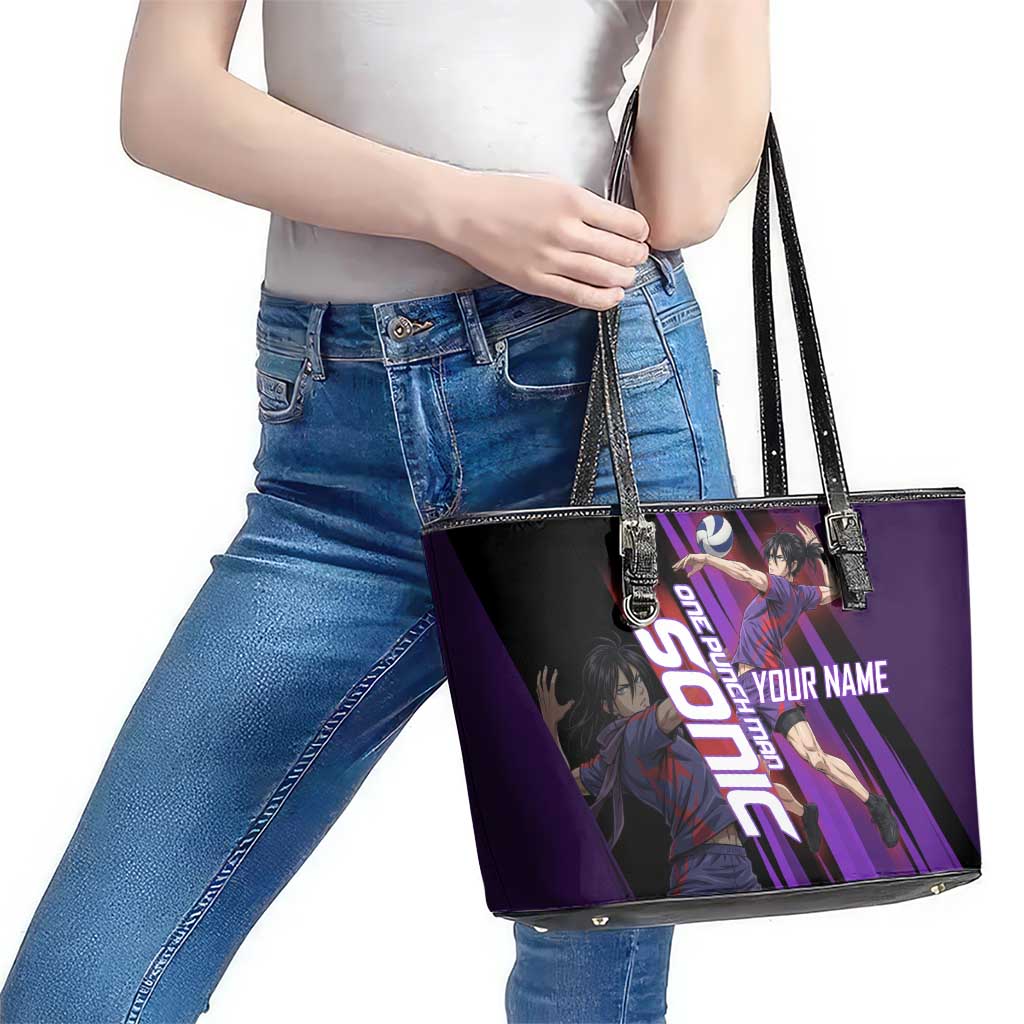 Personalized Sonic Volleyball Design Leather Tote Bag with Purple and Black Athletic Theme and Agile Jump Pose