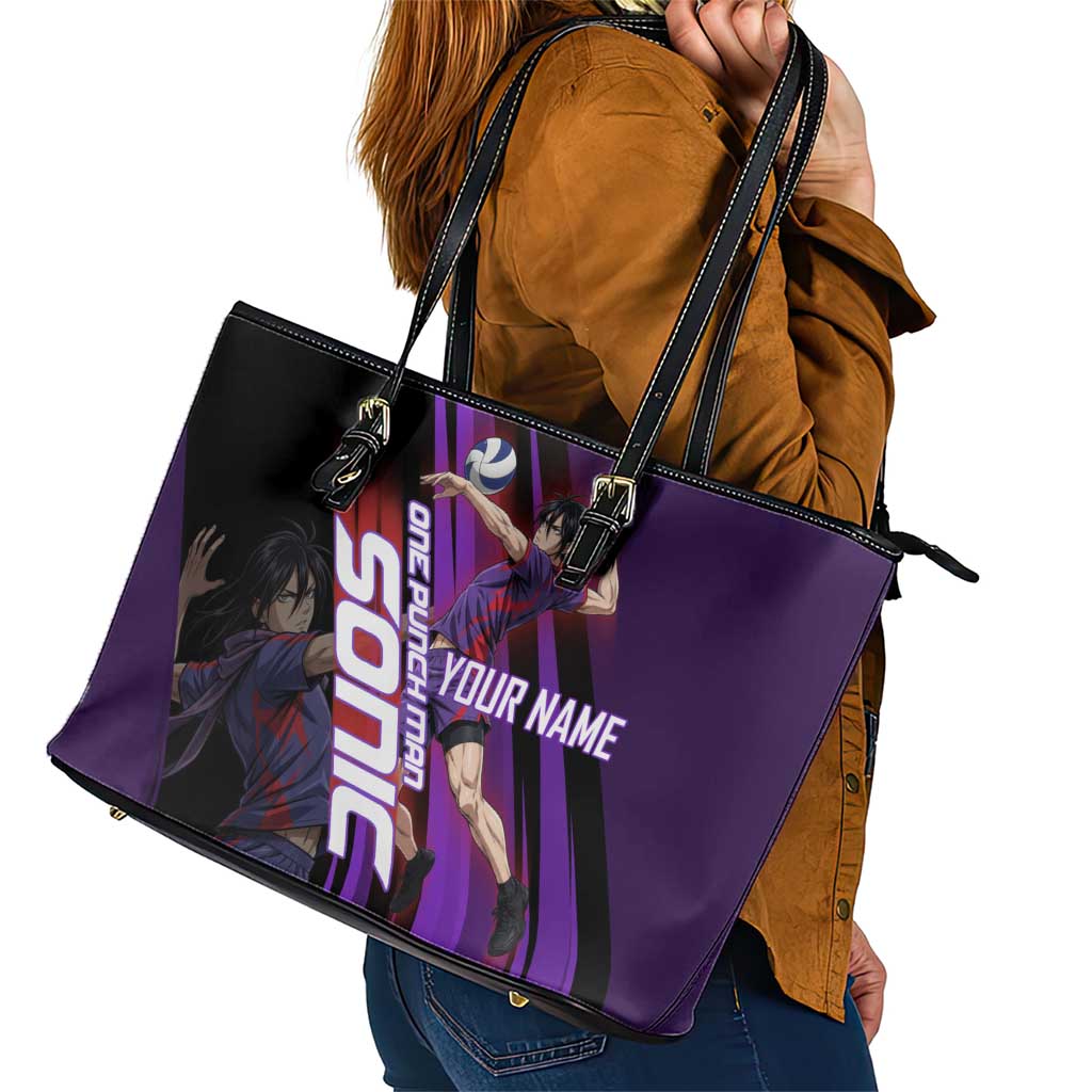 Personalized Sonic Volleyball Design Leather Tote Bag with Purple and Black Athletic Theme and Agile Jump Pose
