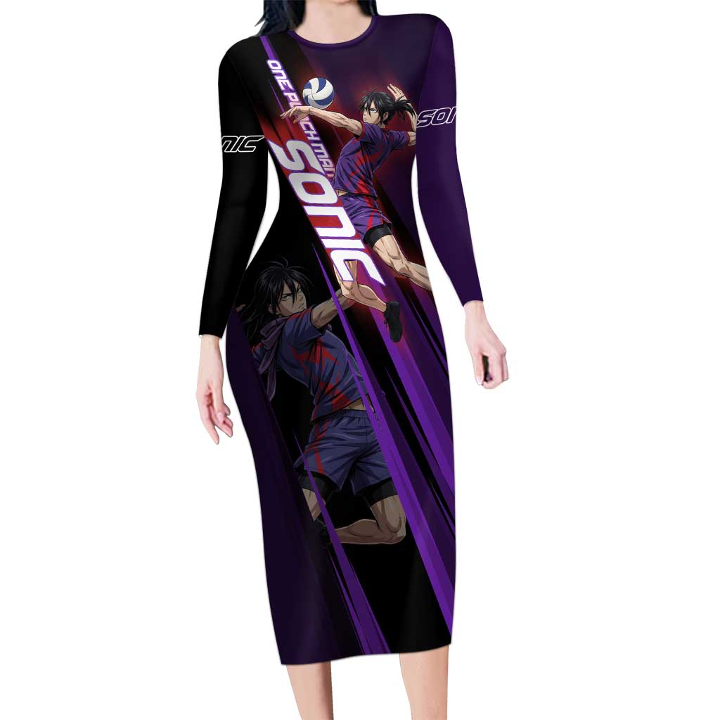 Personalized Sonic Volleyball Design Long Sleeve Bodycon Dress with Purple and Black Athletic Theme and Agile Jump Pose