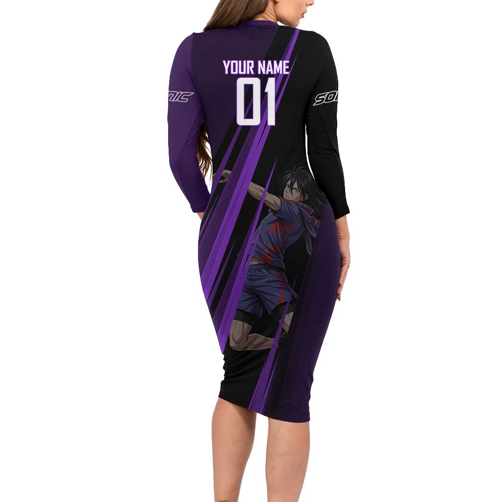 Personalized Sonic Volleyball Design Long Sleeve Bodycon Dress with Purple and Black Athletic Theme and Agile Jump Pose
