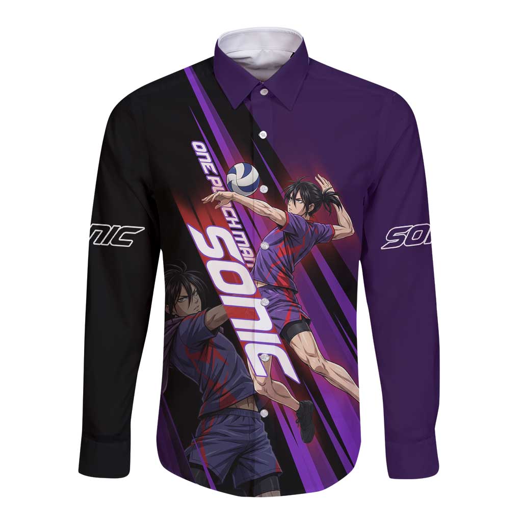 Personalized Sonic Volleyball Design Long Sleeve Button Shirt with Purple and Black Athletic Theme and Agile Jump Pose