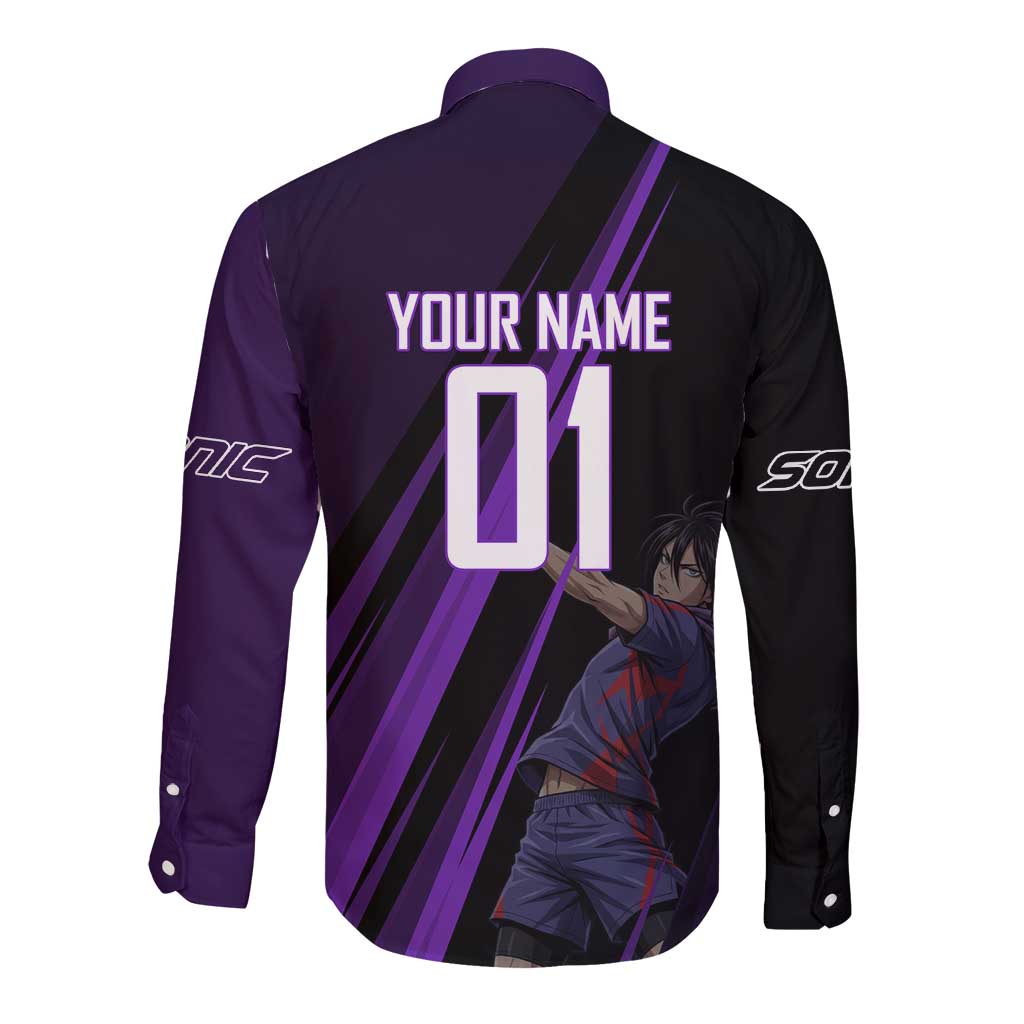 Personalized Sonic Volleyball Design Long Sleeve Button Shirt with Purple and Black Athletic Theme and Agile Jump Pose