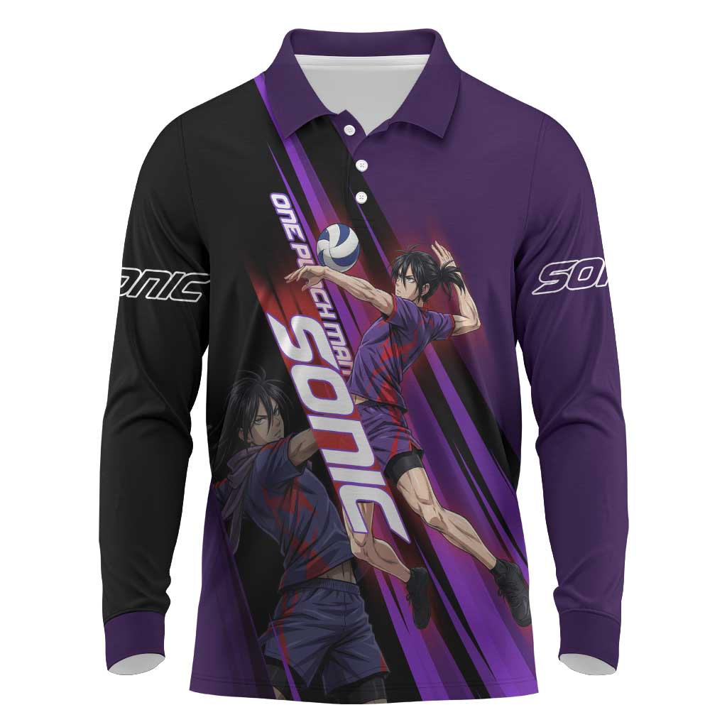 Personalized Sonic Volleyball Design Long Sleeve Polo Shirt with Purple and Black Athletic Theme and Agile Jump Pose