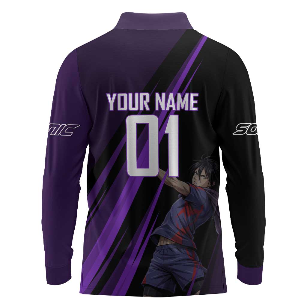 Personalized Sonic Volleyball Design Long Sleeve Polo Shirt with Purple and Black Athletic Theme and Agile Jump Pose