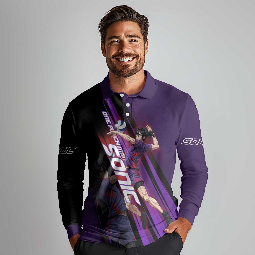 Personalized Sonic Volleyball Design Long Sleeve Polo Shirt with Purple and Black Athletic Theme and Agile Jump Pose