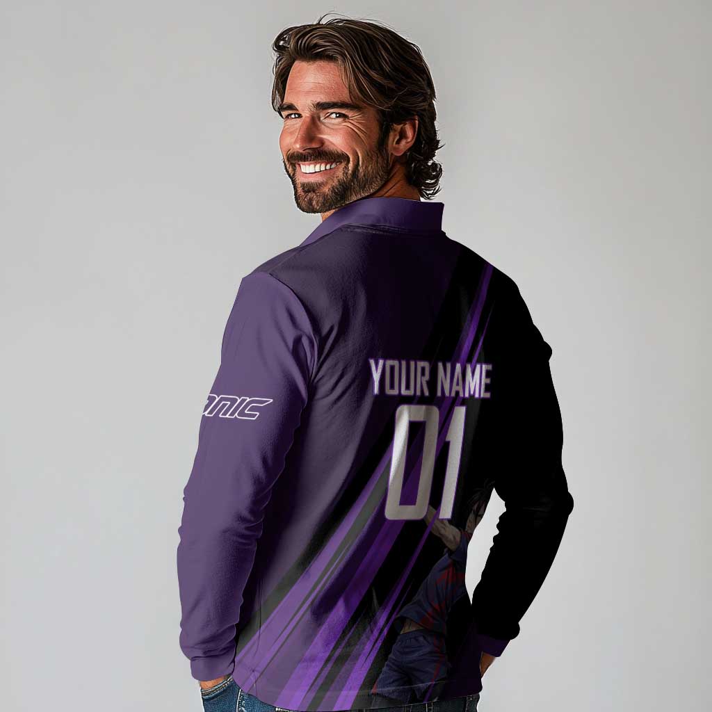 Personalized Sonic Volleyball Design Long Sleeve Polo Shirt with Purple and Black Athletic Theme and Agile Jump Pose