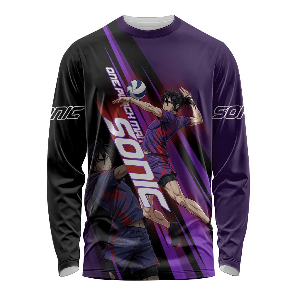 Personalized Sonic Volleyball Design Long Sleeve Shirt with Purple and Black Athletic Theme and Agile Jump Pose