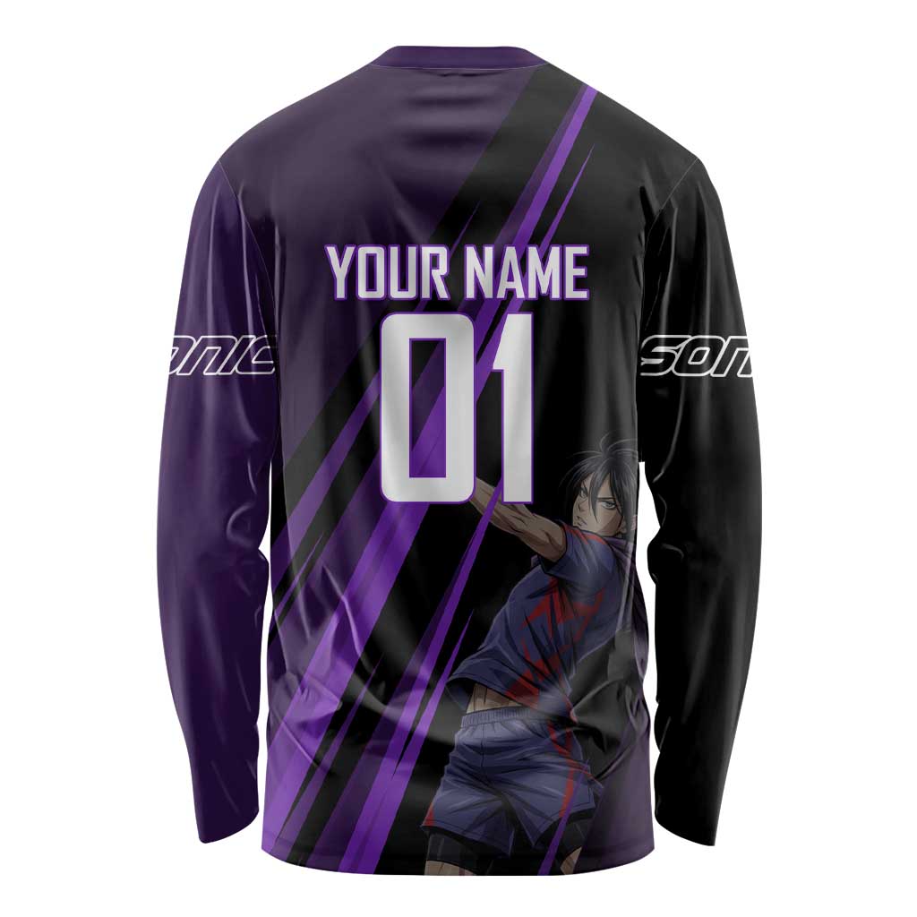 Personalized Sonic Volleyball Design Long Sleeve Shirt with Purple and Black Athletic Theme and Agile Jump Pose