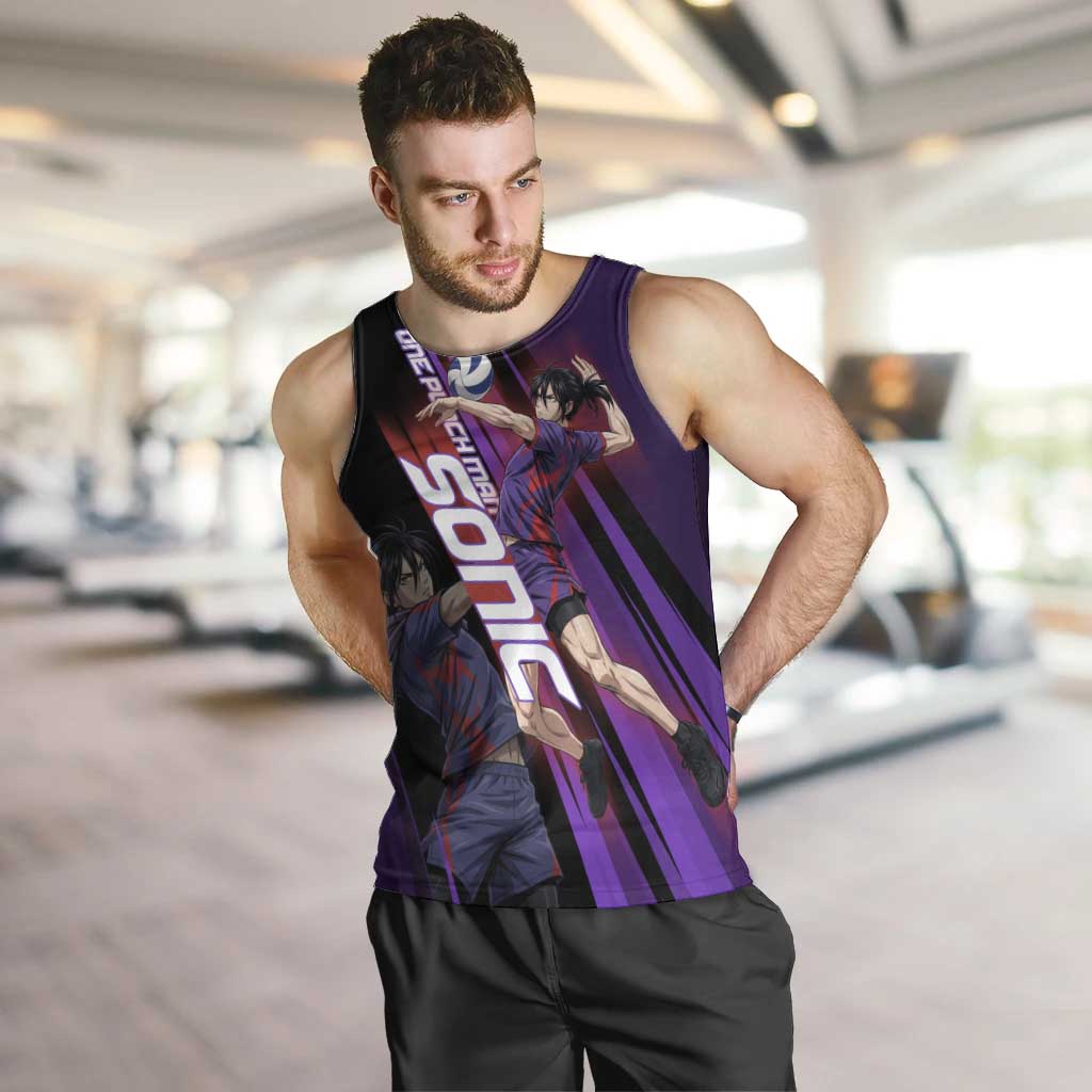 Personalized Sonic Volleyball Design Men Tank Top with Purple and Black Athletic Theme and Agile Jump Pose