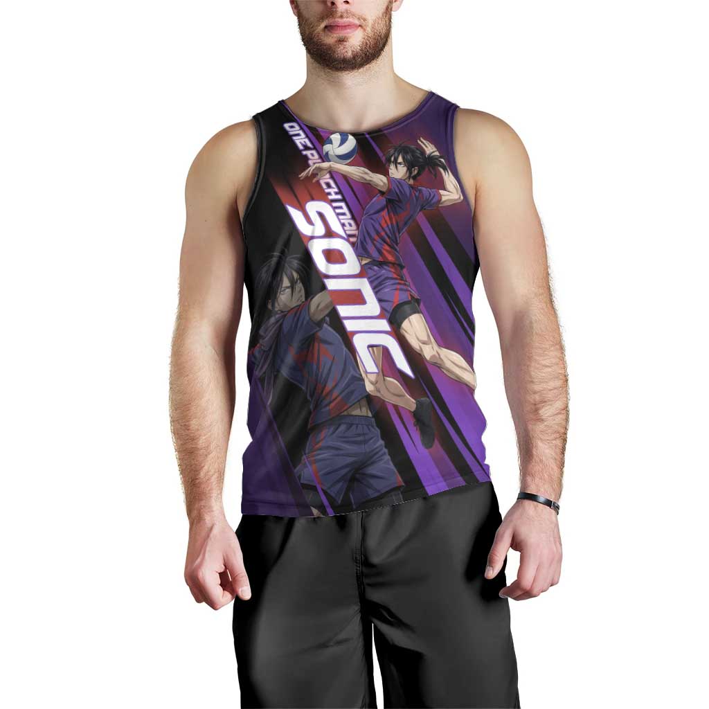 Personalized Sonic Volleyball Design Men Tank Top with Purple and Black Athletic Theme and Agile Jump Pose