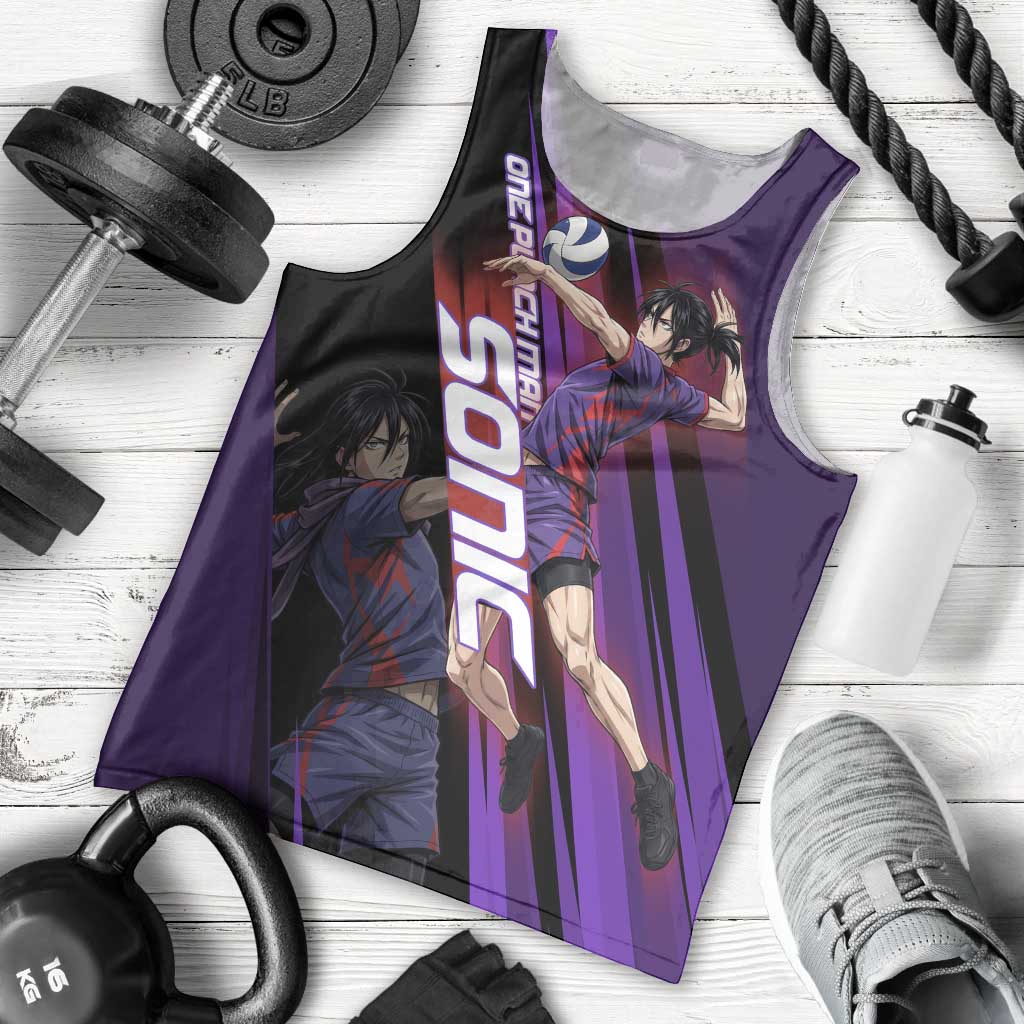 Personalized Sonic Volleyball Design Men Tank Top with Purple and Black Athletic Theme and Agile Jump Pose