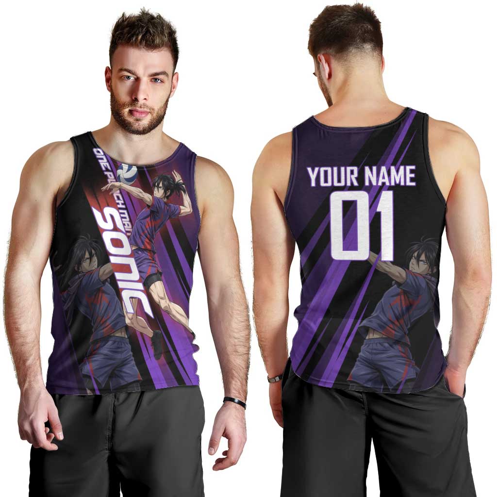 Personalized Sonic Volleyball Design Men Tank Top with Purple and Black Athletic Theme and Agile Jump Pose