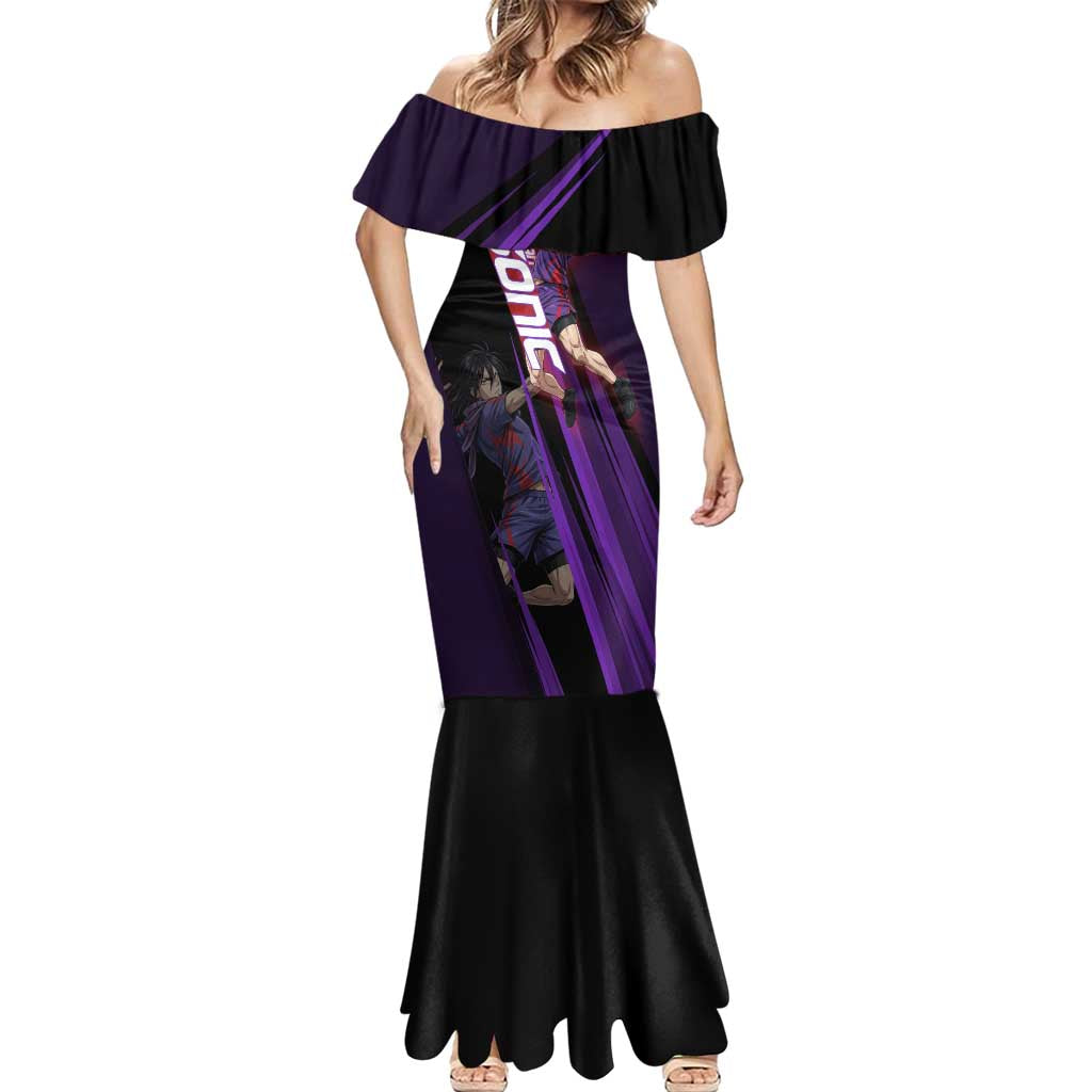 Personalized Sonic Volleyball Design Mermaid Dress with Purple and Black Athletic Theme and Agile Jump Pose