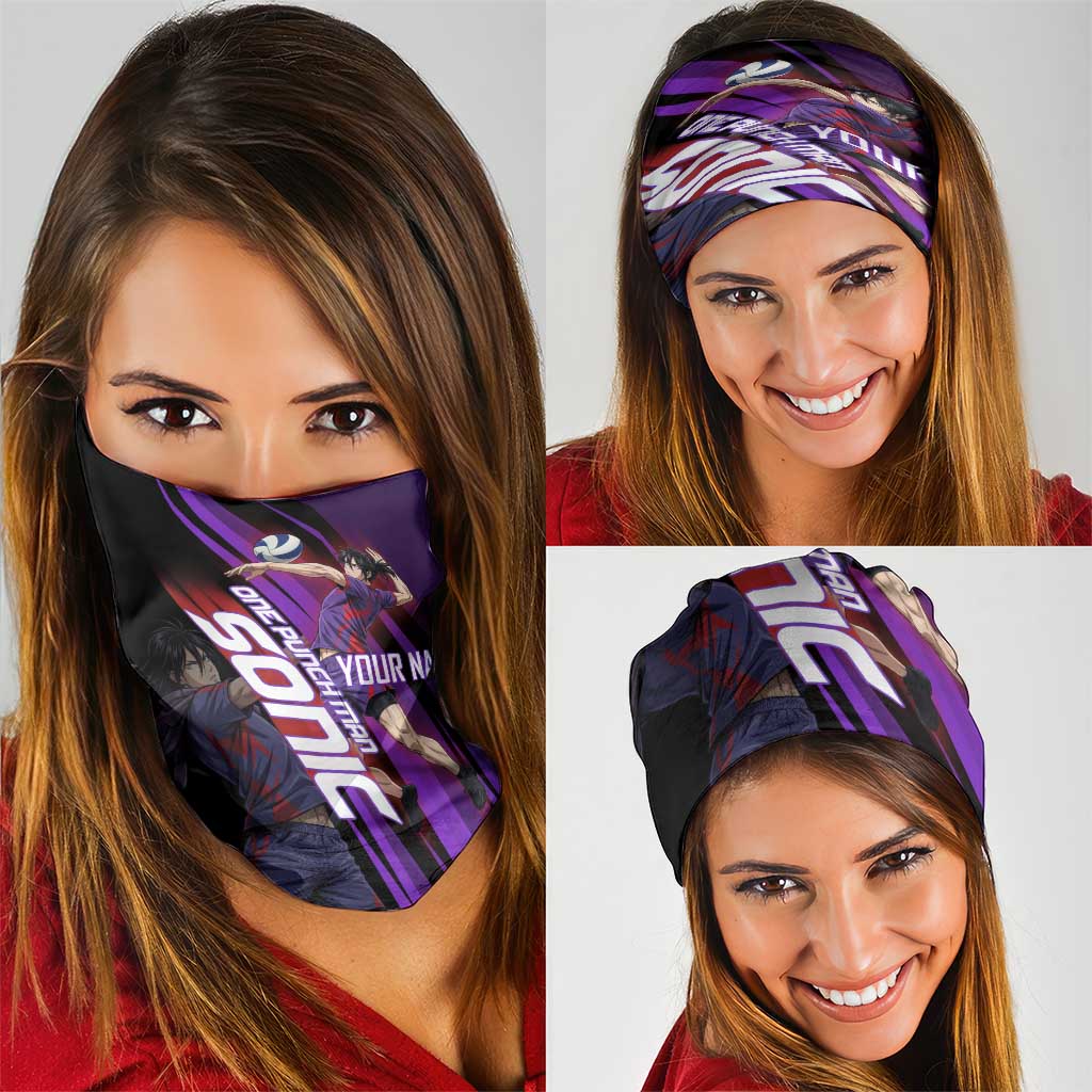 Personalized Sonic Volleyball Design Neck Gaiter with Purple and Black Athletic Theme and Agile Jump Pose