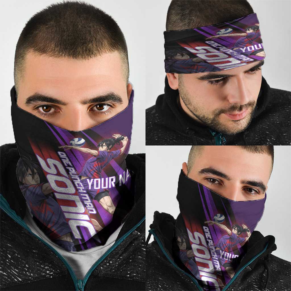 Personalized Sonic Volleyball Design Neck Gaiter with Purple and Black Athletic Theme and Agile Jump Pose