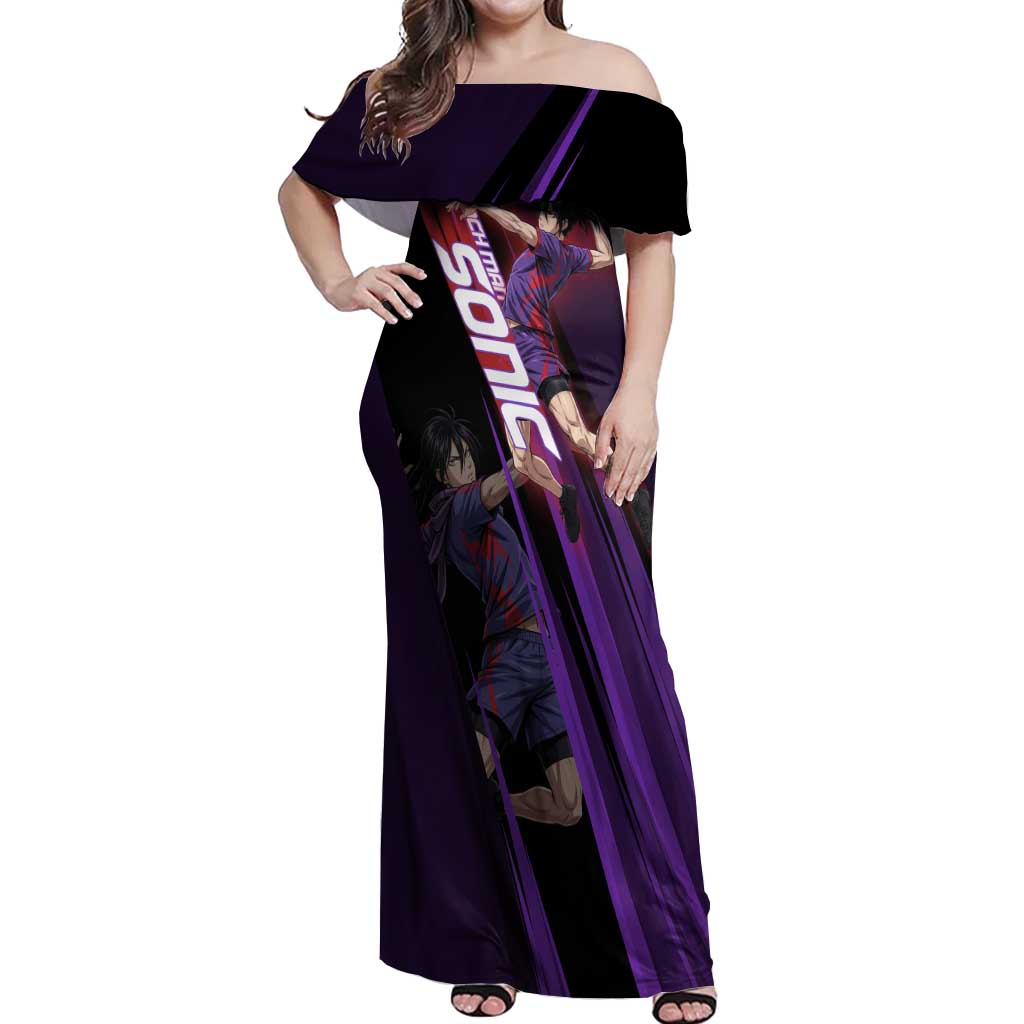 Personalized Sonic Volleyball Design Off Shoulder Maxi Dress with Purple and Black Athletic Theme and Agile Jump Pose