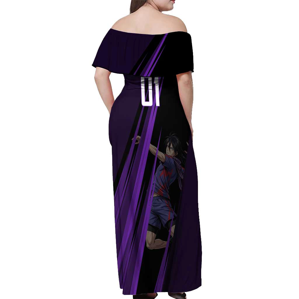 Personalized Sonic Volleyball Design Off Shoulder Maxi Dress with Purple and Black Athletic Theme and Agile Jump Pose