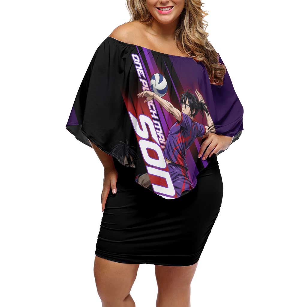 Personalized Sonic Volleyball Design Off Shoulder Short Dress with Purple and Black Athletic Theme and Agile Jump Pose