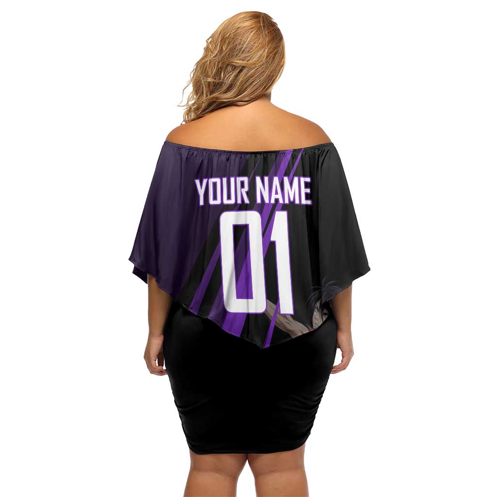 Personalized Sonic Volleyball Design Off Shoulder Short Dress with Purple and Black Athletic Theme and Agile Jump Pose