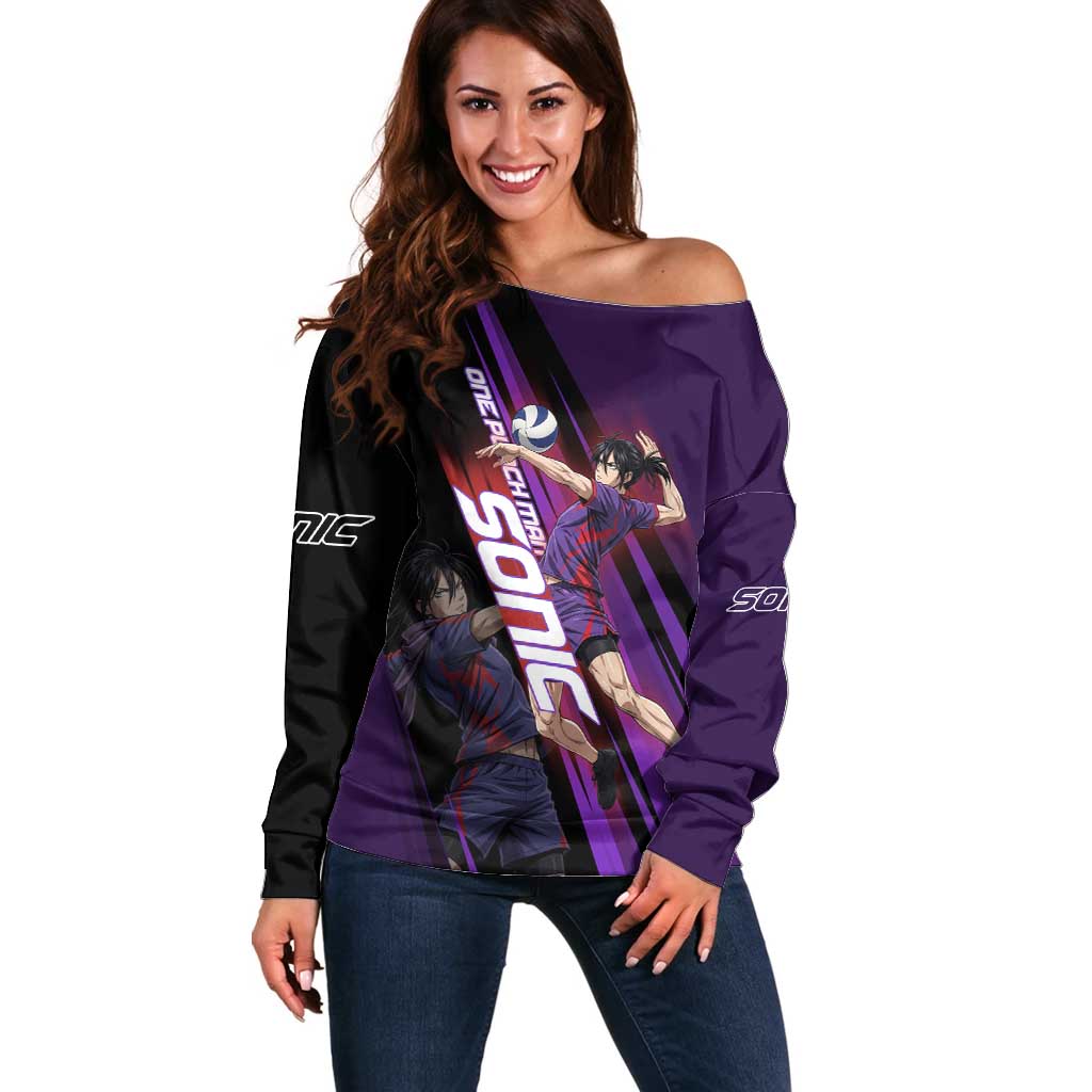 Personalized Sonic Volleyball Design Off Shoulder Sweater with Purple and Black Athletic Theme and Agile Jump Pose