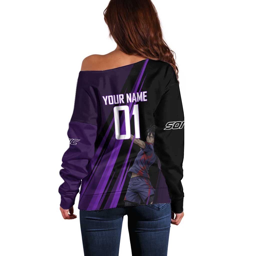 Personalized Sonic Volleyball Design Off Shoulder Sweater with Purple and Black Athletic Theme and Agile Jump Pose