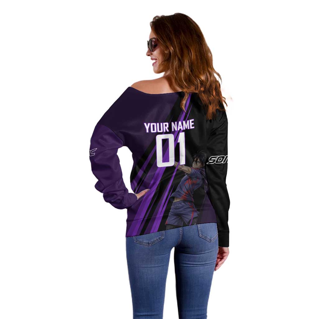 Personalized Sonic Volleyball Design Off Shoulder Sweater with Purple and Black Athletic Theme and Agile Jump Pose