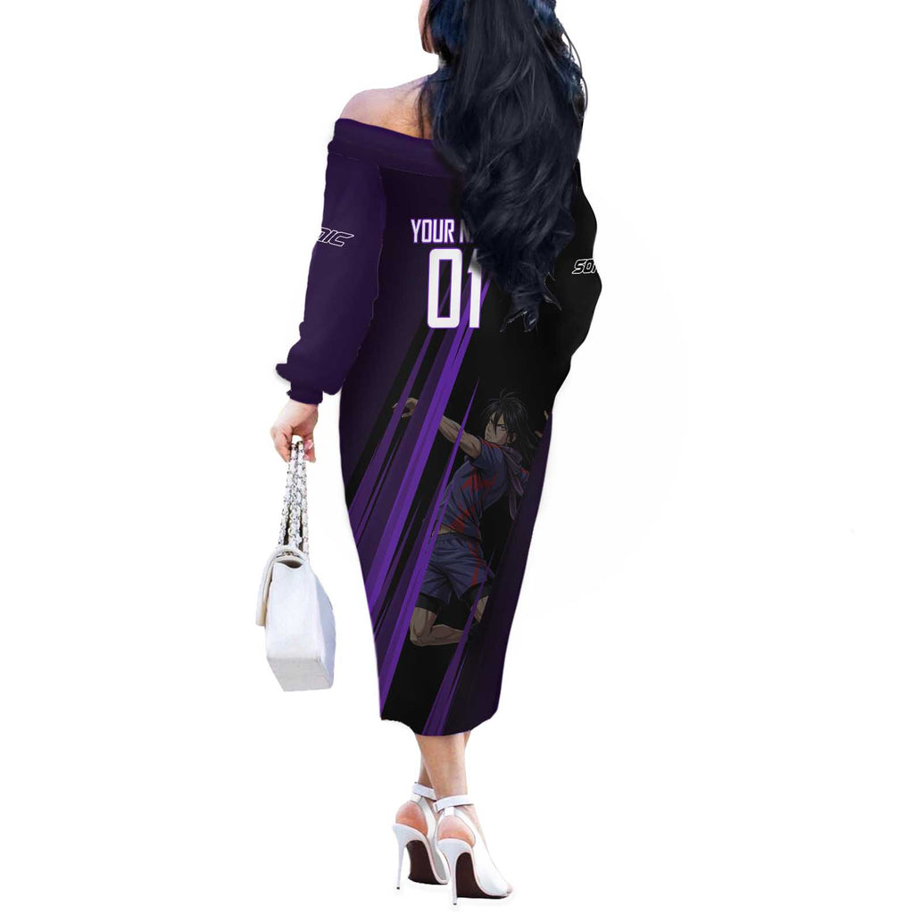 Personalized Sonic Volleyball Design Off The Shoulder Long Sleeve Dress with Purple and Black Athletic Theme and Agile Jump Pose