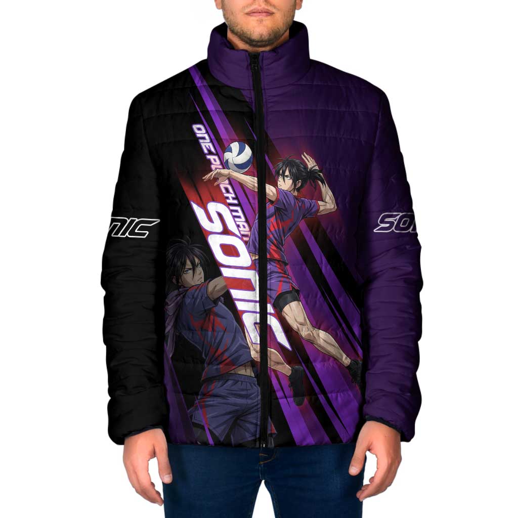 Personalized Sonic Volleyball Design Padded Jacket with Purple and Black Athletic Theme and Agile Jump Pose