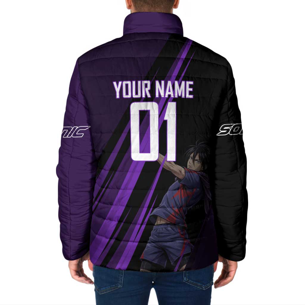 Personalized Sonic Volleyball Design Padded Jacket with Purple and Black Athletic Theme and Agile Jump Pose